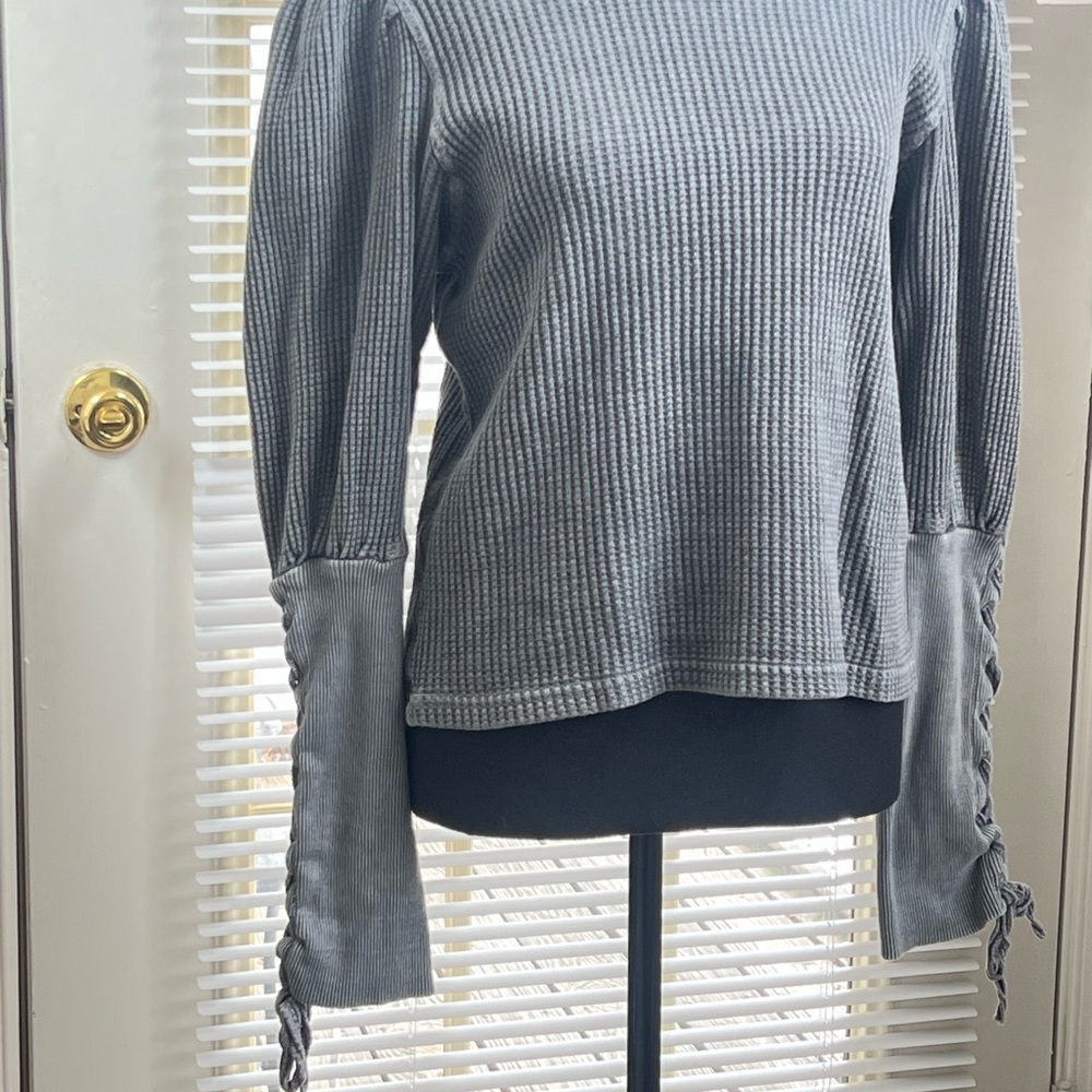 Free People Gray Ribbed Tie Front Long Sleeve Blouse - Picture 7 of 9